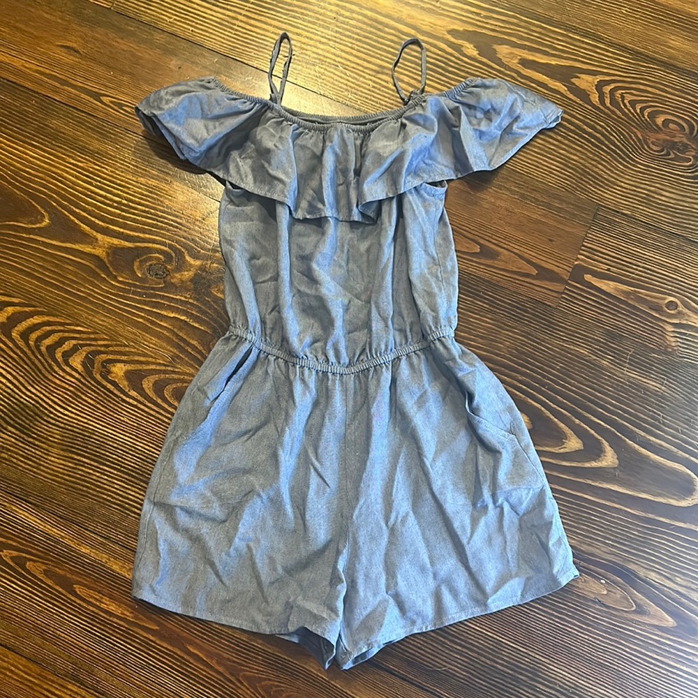 H&M Girls 9-10Y Off the Shoulder Denim Blue Flowy Top Romper